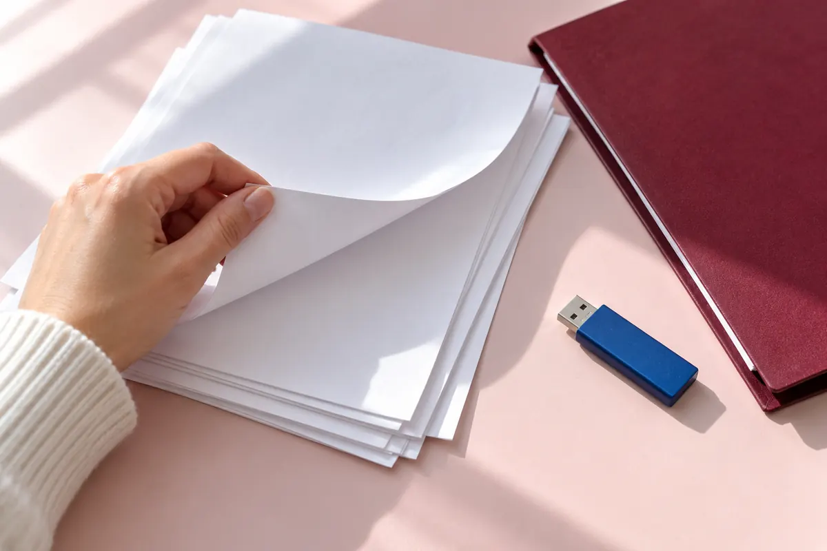 Hand blättert durch Dokumente neben einem blauen USB-Stick