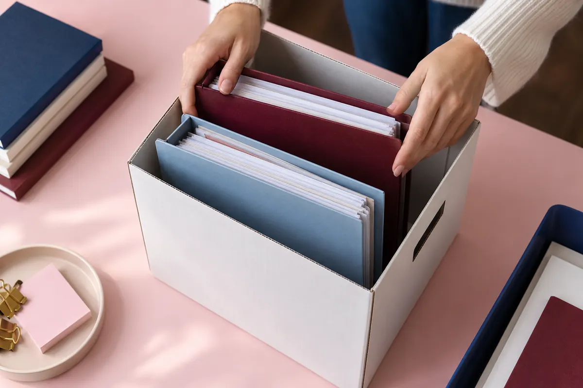 Hände ordnen gefüllte Dokumentenmappen in eine Archivbox