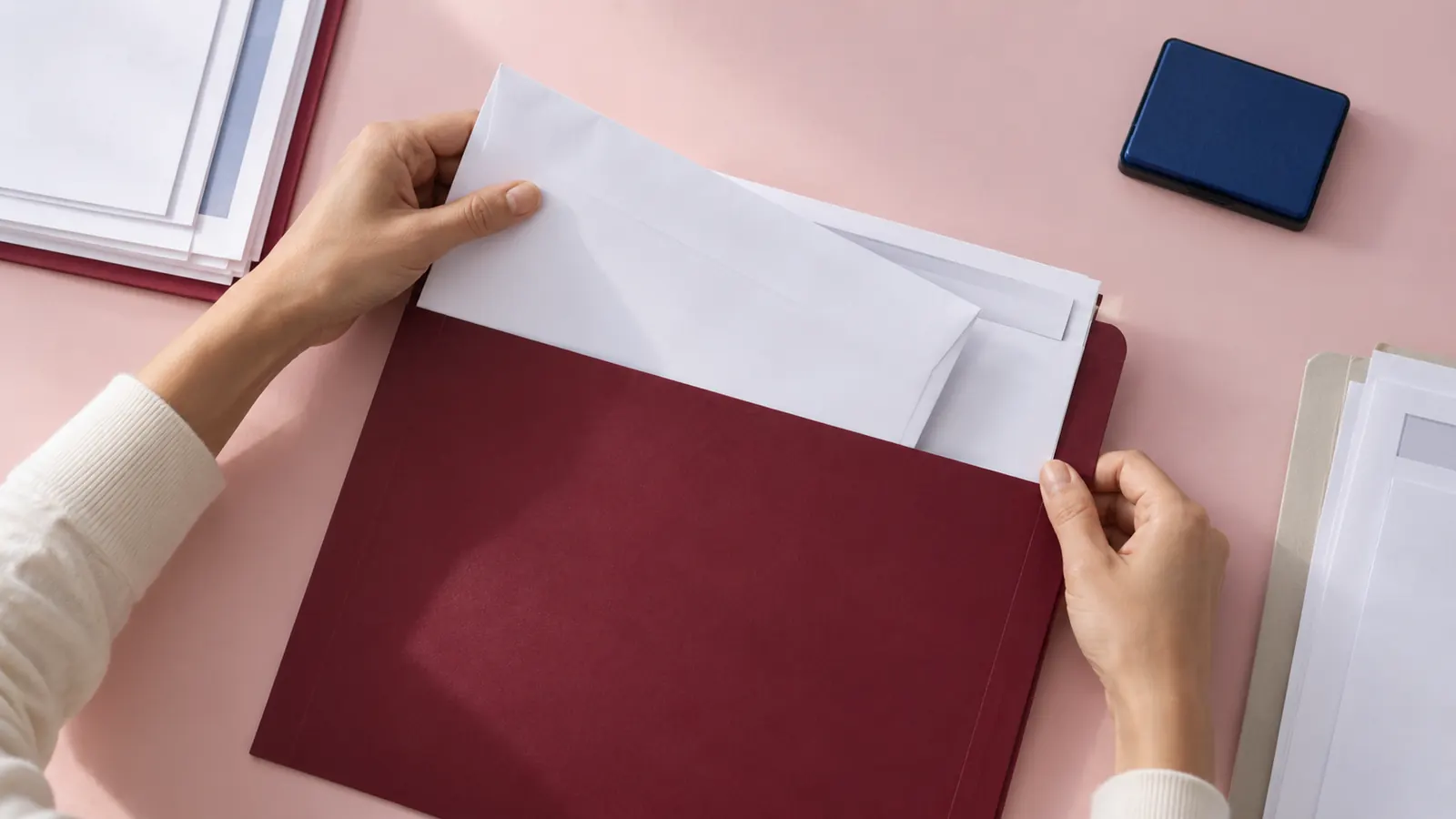 Hände legen einen Brief in eine bordeauxrote Dokumentenmappe