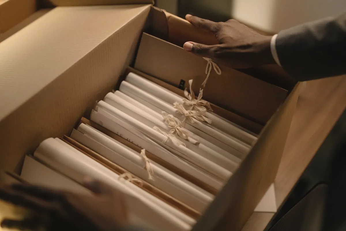 Hände ordnen weiße Mappen in einer Archivbox