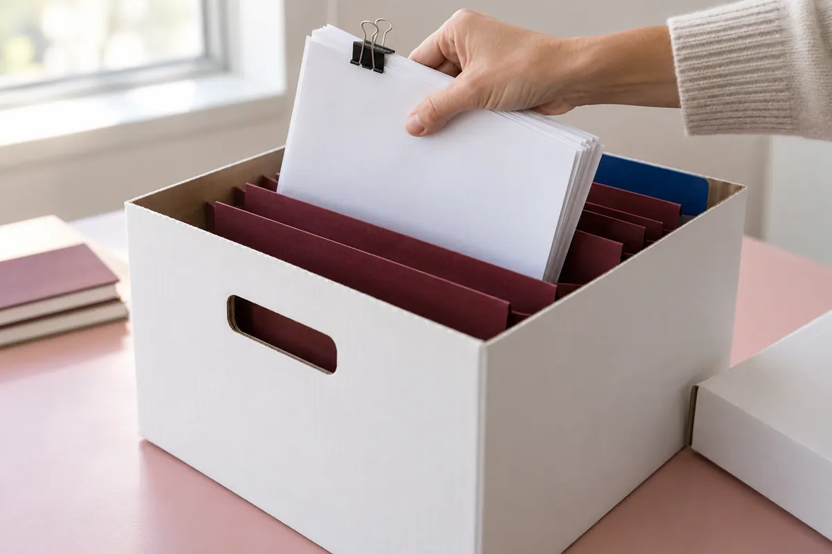 Hand legt Dokumente in eine offene Archivbox
