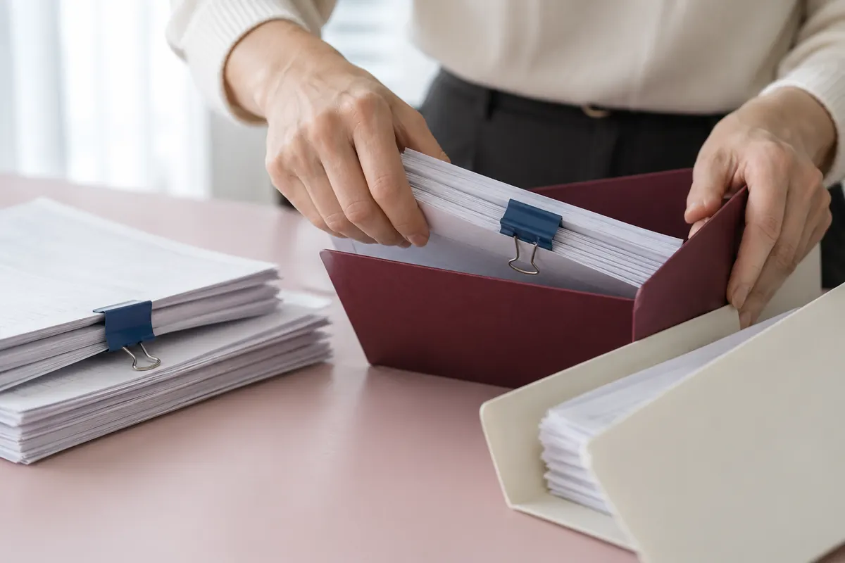 Hand sortiert Dokumente in getrennte Mappen