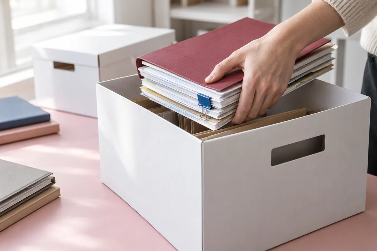 Hand legt eine Dokumentenmappe in eine Archivbox