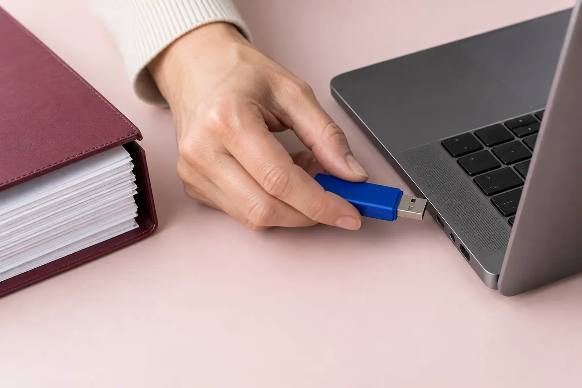 Hand verbindet USB-Stick mit Laptop neben Dokumenten