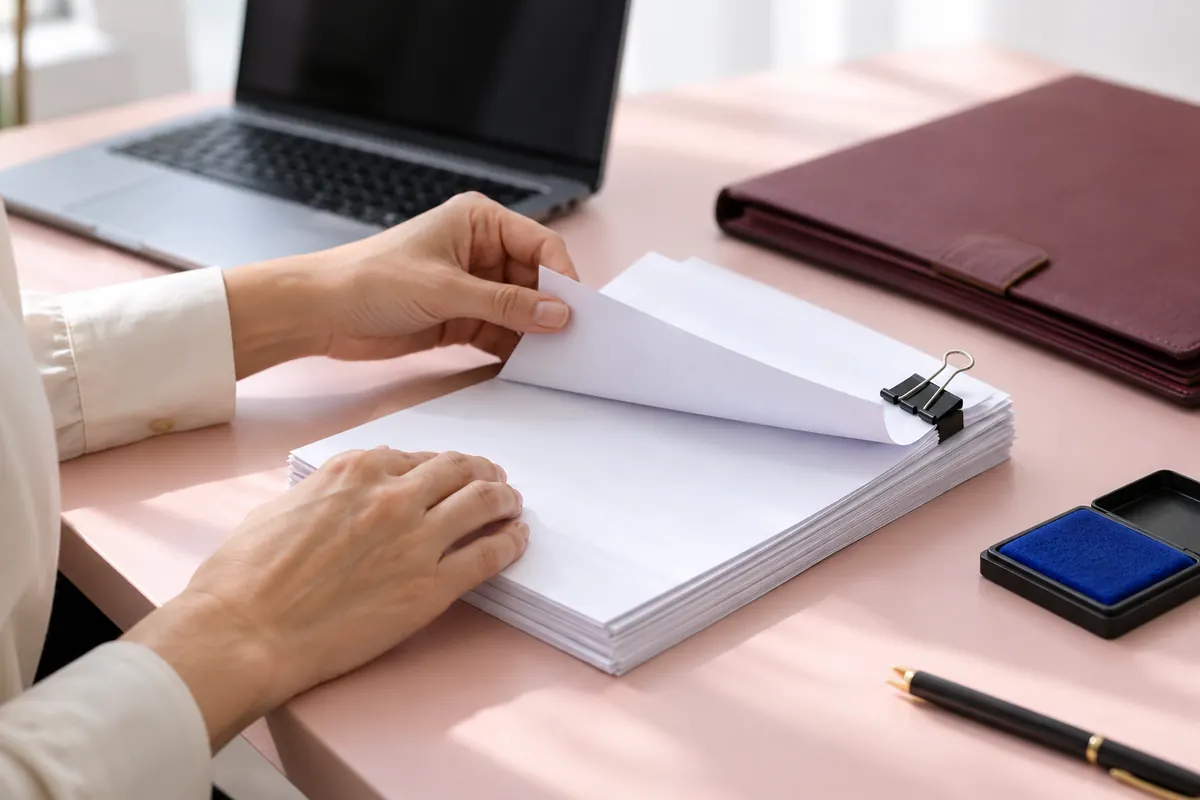 Hand prüft Dokumentenstapel neben einem Laptop