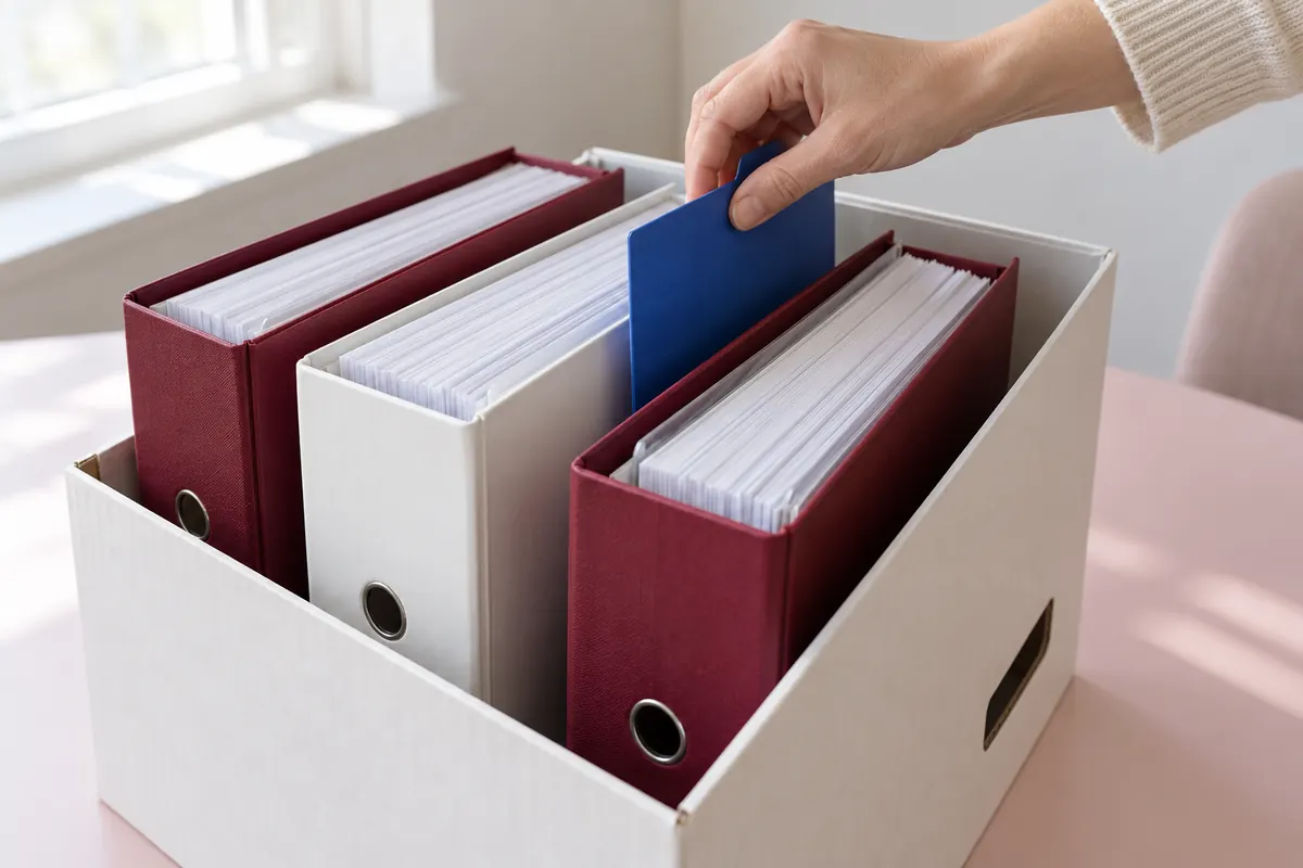 Hand sortiert Ordner in einer weißen Archivbox