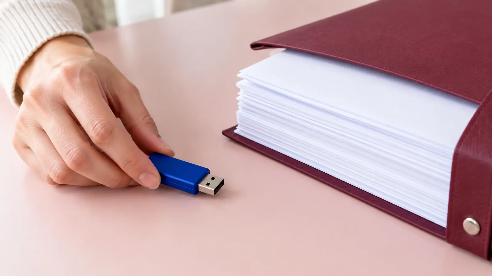 Hand hält einen blauen USB-Stick neben einer dicken Dokumentenmappe