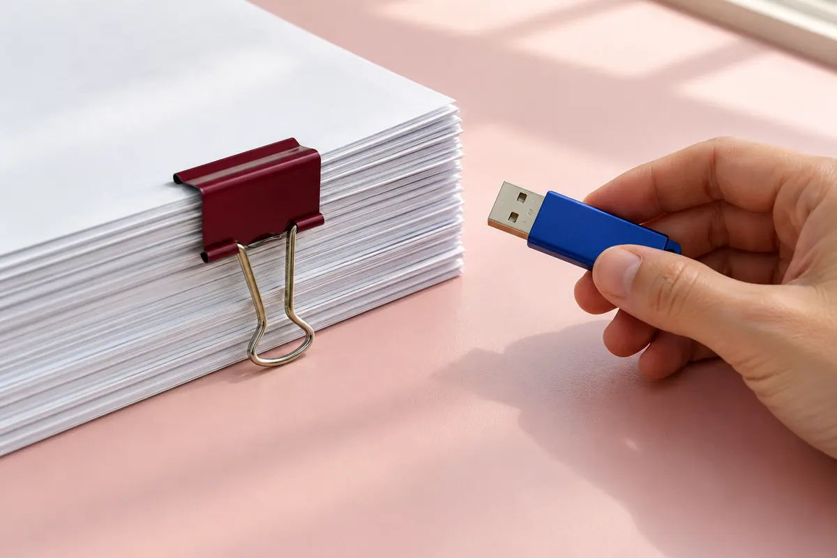 Hand hält einen USB-Stick neben einem geklammerten Dokumentenstapel