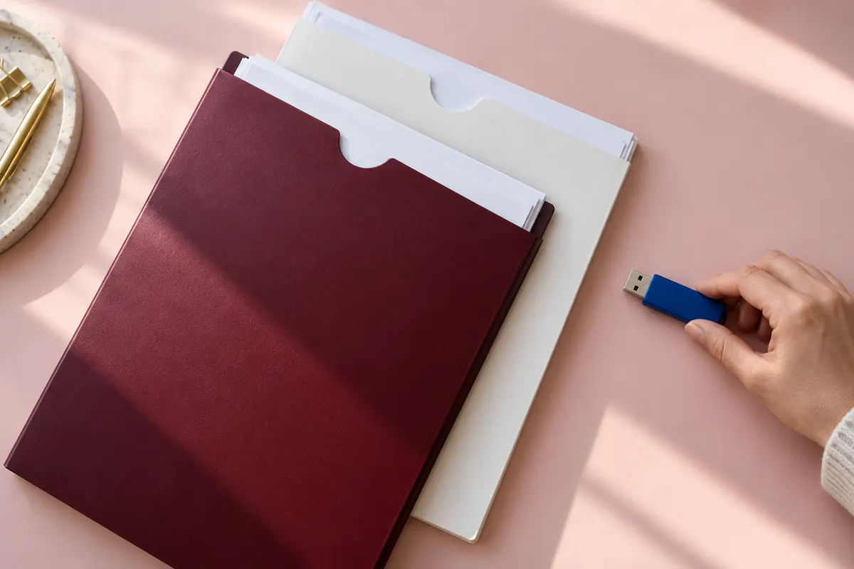 Dokumentenmappen und USB-Stick auf rosafarbenem Tisch